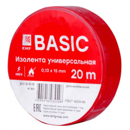Изолента 0.13х15мм, 20 метров, класса В, красная EKF
