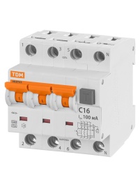 Диф.автомат АВДТ 63 4P(3Р+N) C16 100мА 6кА тип А TDM