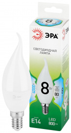 Лампа светодиодная ЭРА GREEN LINE LED BXS-8W-840-E14 GL 8Вт свеча на ветру яркий белый свет E14
