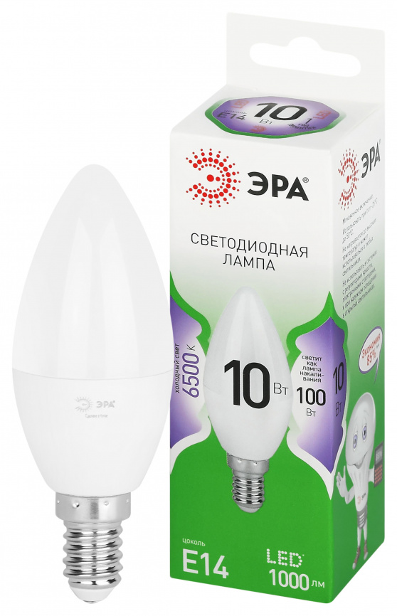 Лампа светодиодная ЭРА GREEN LINE LED B35-10W-865-E14 GL 10Вт свеча холодный свет E14 фото 1
