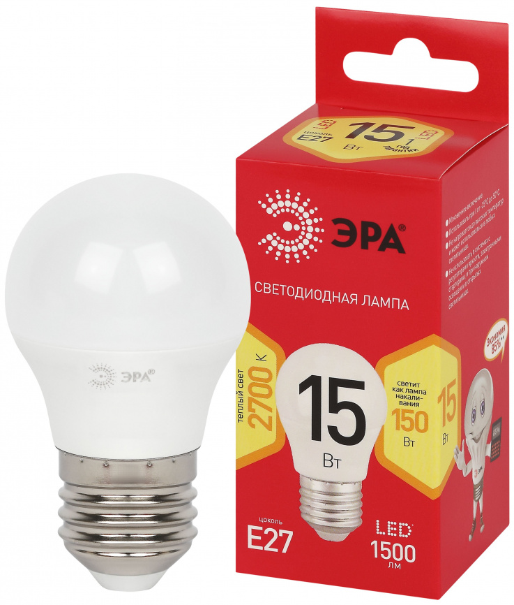 Лампа светодиодная ЭРА RED LINE LED P45-15W-827-E27 R 15Вт шар теплый белый свет E27 фото 1