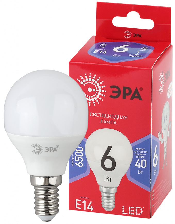 Лампа светодиодная ЭРА RED LINE LED P45-6W-865-E14 R 6Вт шар холодный дневной свет E14 фото 1
