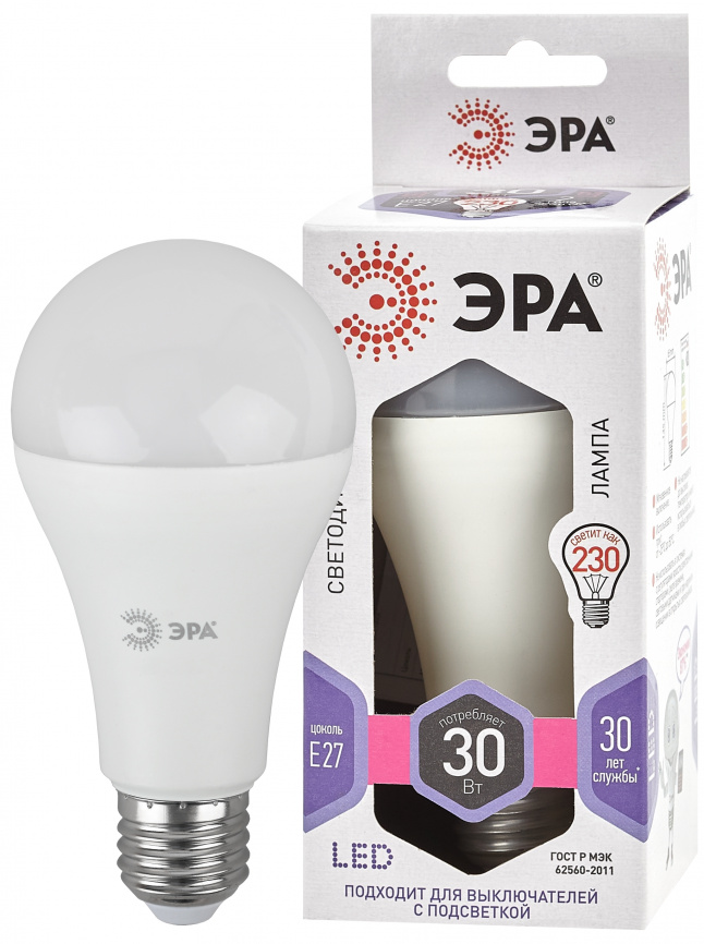 Лампа светодиодная ЭРА STD LED A65-30W-860-E27 30Вт груша холодный дневной свет Е27 фото 1