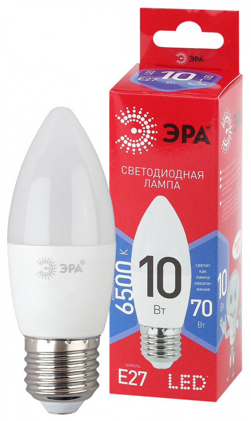 Лампа светодиодная ЭРА RED LINE LED B35-10W-865-E27 R 10Вт свеча холодный дневной свет Е27 фото 1