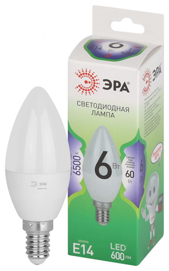 Лампа светодиодная ЭРА GREEN LINE LED B35-6W-865-E14 GL 6Вт свеча холодный свет E14 фото 1