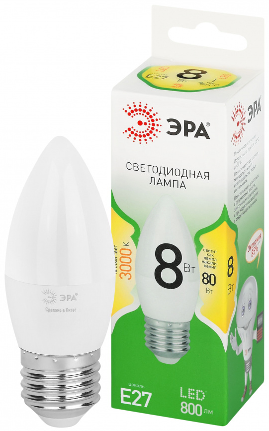 Лампа светодиодная ЭРА GREEN LINE LED B35-8W-830-E27 GL 8Вт свеча теплый свет E27 фото 1