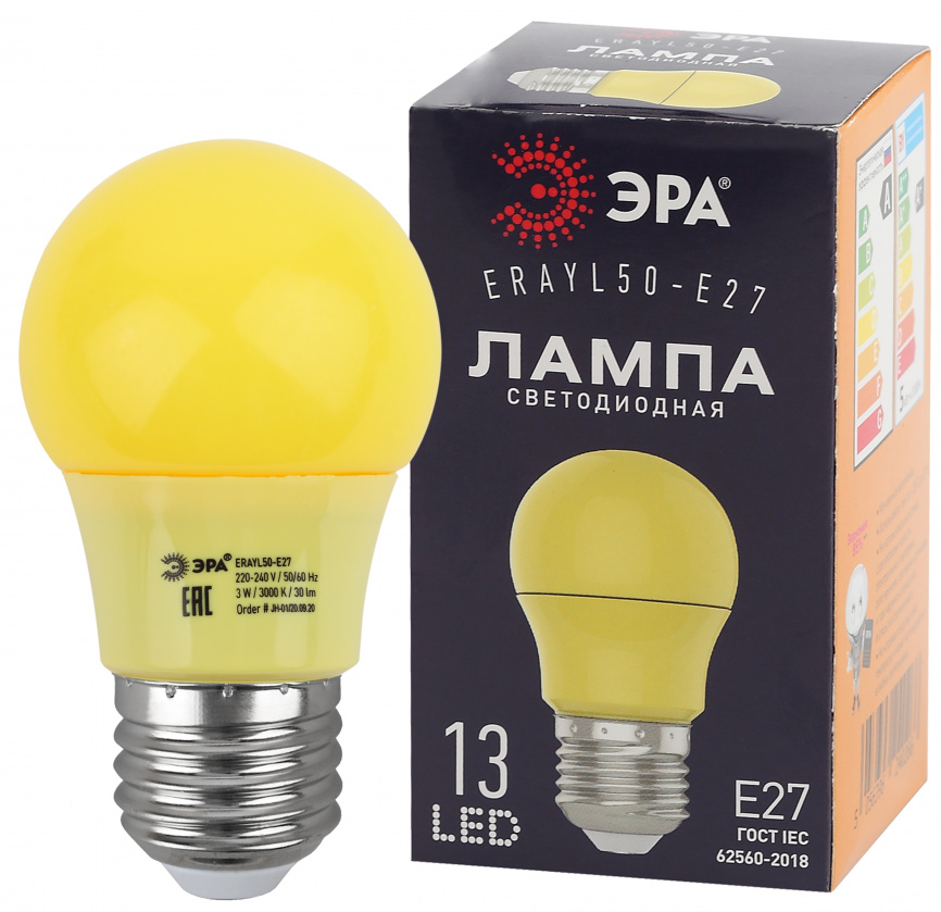 Лампа светодиодная ЭРА STD ERAYL50-E27 3Вт груша желтый для белт-лайт Е27 фото 1