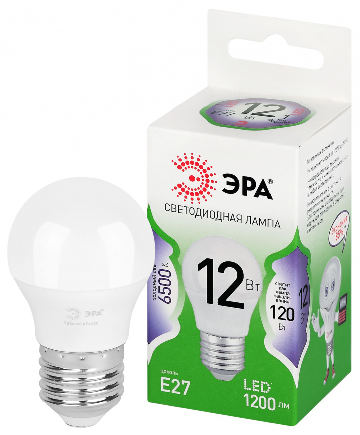 Лампа светодиодная ЭРА GREEN LINE LED P45-12W-865-E27 GL 12Вт шар холодный свет E27 фото 1
