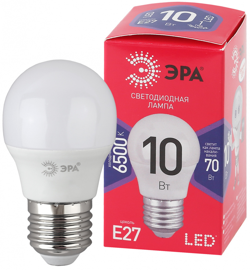 Лампа светодиодная ЭРА RED LINE LED P45-10W-865-E27 R 10Вт шар холодный дневной свет E27 фото 1