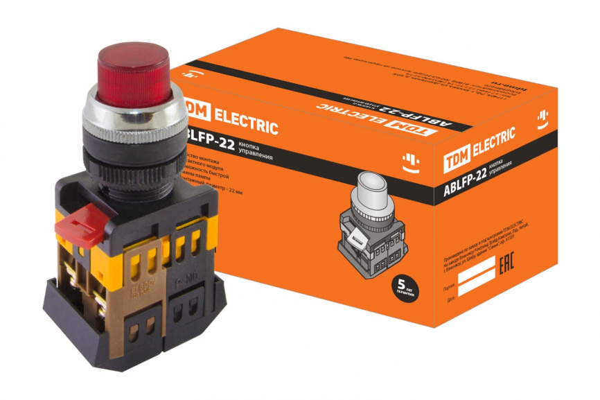 Кнопка ABLFP-22 красный d22мм неон/230В 1з+1р TDM фото 1