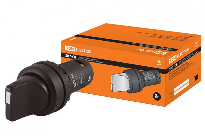 Переключатель на 2 положения с фиксацией SB7-CD25 короткая ручка d22мм 1з+1р черный TDM фото 1