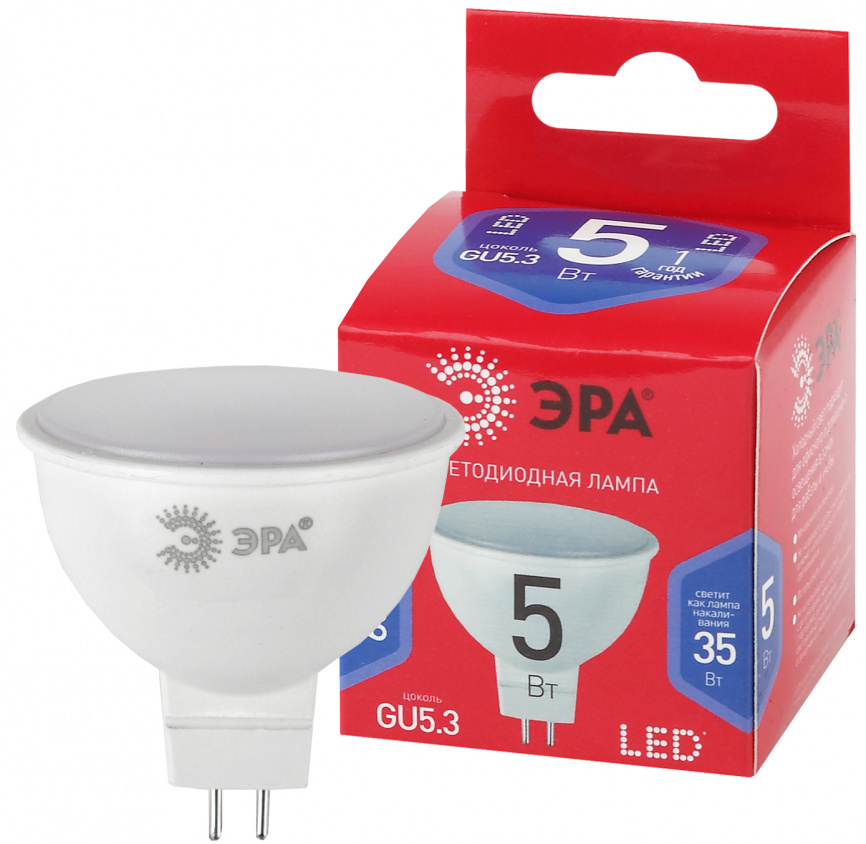 Лампа светодиодная ЭРА RED LINE LED MR16-5W-865-GU5.3 R 5Вт софит холодный дневной свет GU5.3 фото 1