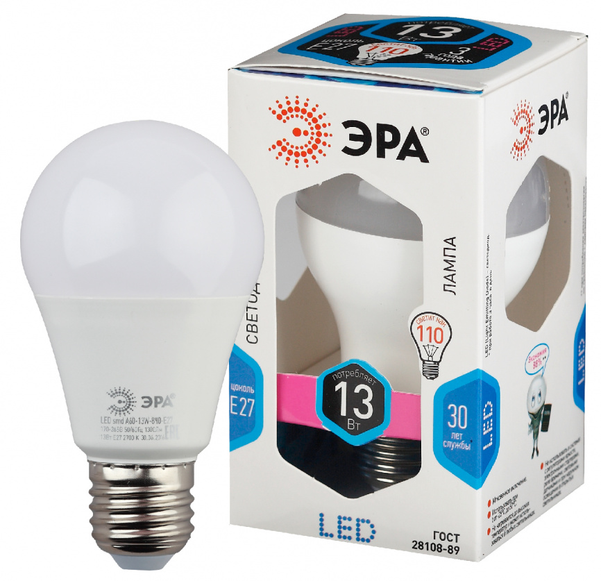 Лампа светодиодная ЭРА STD LED A60-13W-840-E27 13Вт груша нейтральный белый свет Е27 фото 1