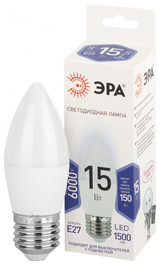 Лампа светодиодная ЭРА STD LED B35-15W-860-E27 15Вт свеча холодный свет Е27 фото 1