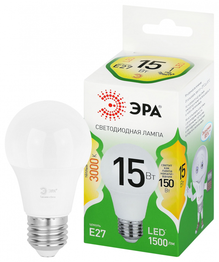 Лампа светодиодная ЭРА GREEN LINE LED A60-15W-830-E27 GL 15Вт груша теплый свет E27 фото 1