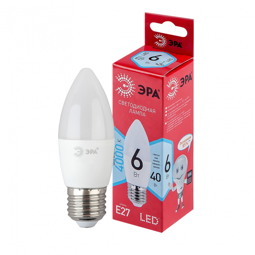Лампа светодиодная ЭРА RED LINE LED B35-6W-840-E27 R 6Вт свеча нейтральный белый свет Е27 фото 1