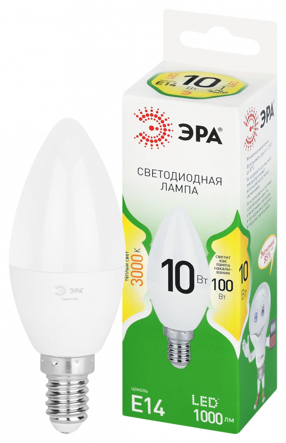 Лампа светодиодная ЭРА GREEN LINE LED B35-10W-830-E14 GL 10Вт свеча теплый свет E14 фото 1