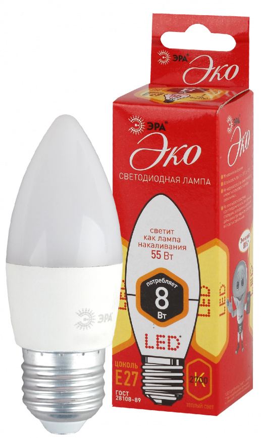 Лампа светодиодная ЭРА RED LINE ECO LED B35-8W-827-E27 8Вт свеча теплый белый свет Е27 фото 1