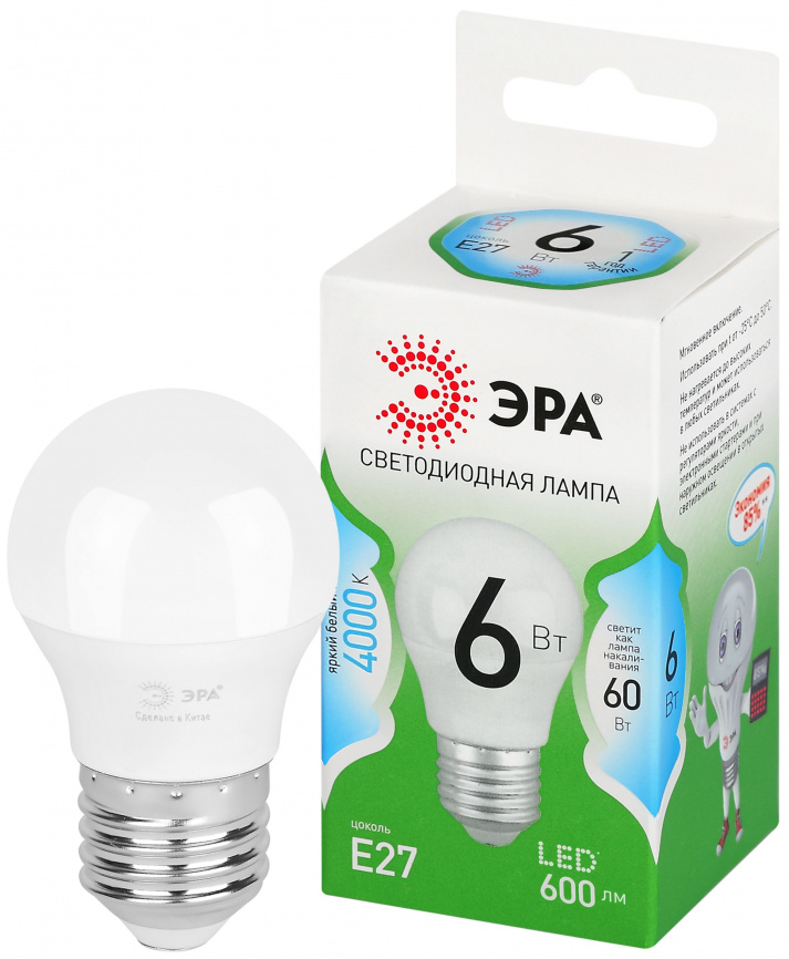 Лампа светодиодная ЭРА GREEN LINE LED P45-6W-840-E27 GL 6Вт шар яркий белый свет E27 фото 1
