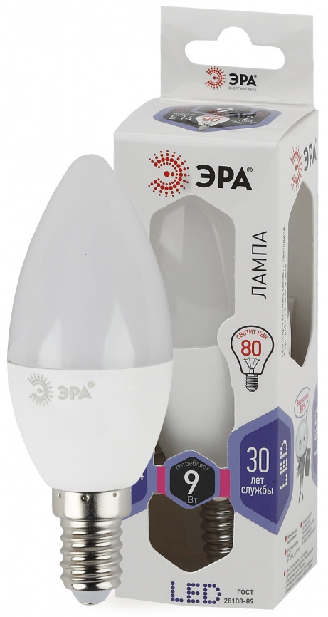 Лампа светодиодная ЭРА STD LED B35-9W-860-E14 9Вт свеча холодный дневной свет Е14 фото 1