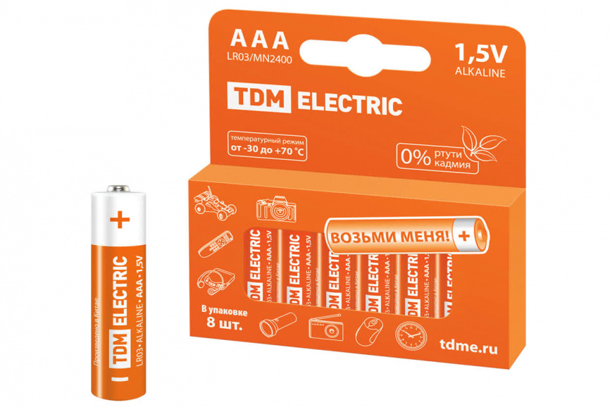Элемент питания LR03 AAA Alkaline 1,5V PAK-8 TDM фото 1