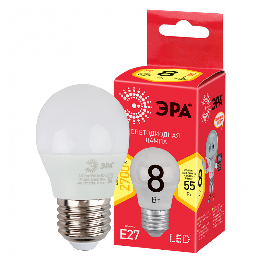 Лампа светодиодная ЭРА RED LINE LED P45-8W-827-E27 R 8Вт шар теплый белый свет E27 фото 1