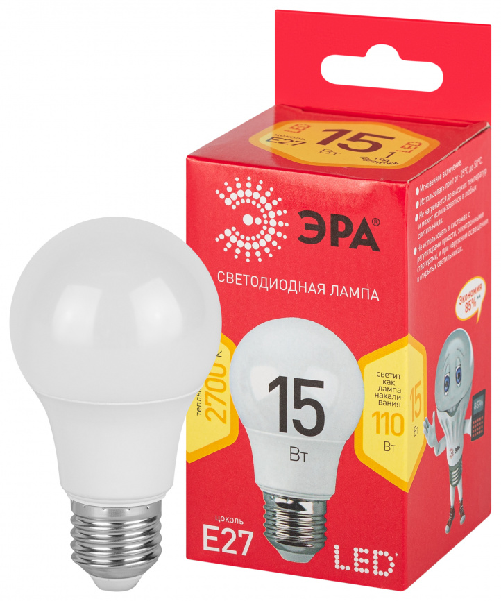 Лампа светодиодная ЭРА RED LINE LED A60-15W-827-E27 R 15Вт груша теплый белый свет Е27 фото 1
