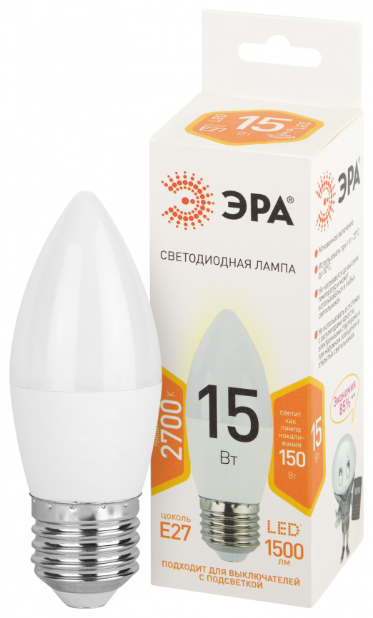 Лампа светодиодная ЭРА STD LED B35-15W-827-E27 15т свеча теплый белый свет Е27 фото 1