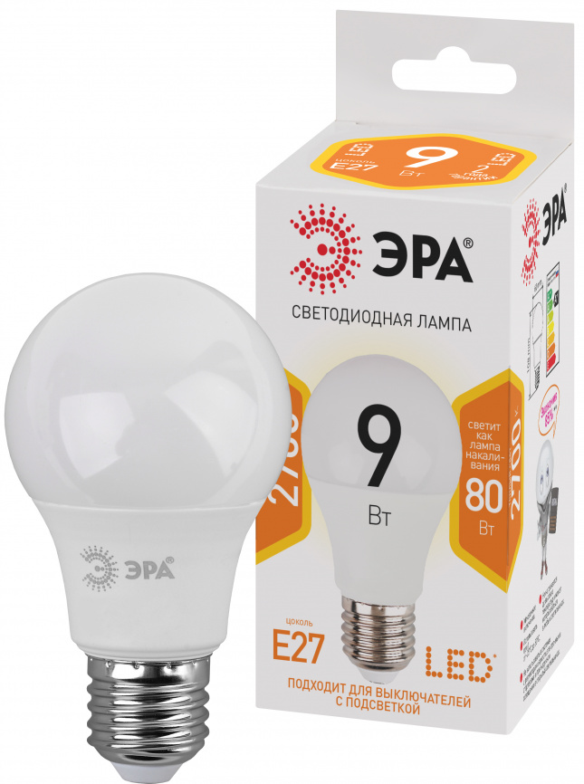 Лампа светодиодная ЭРА STD LED A60-9W-827-E27 9Вт груша теплый белый свет Е27 фото 1