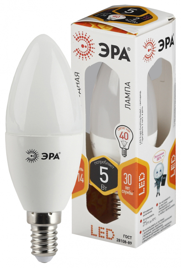 Лампа светодиодная ЭРА STD LED B35-5W-827-E14 5Вт свеча теплый белый свет Е14 фото 1