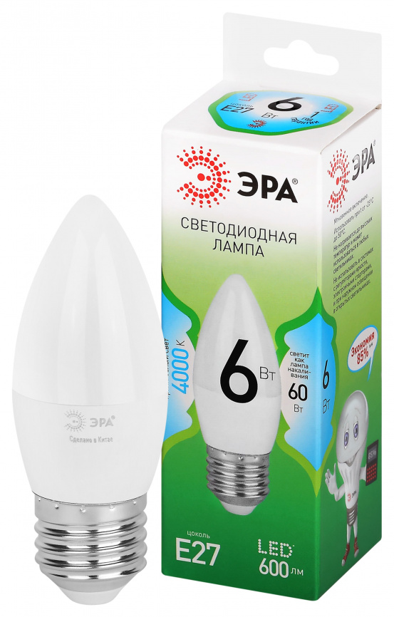 Лампа светодиодная ЭРА GREEN LINE LED B35-6W-840-E27 GL 6Вт свеча яркий белый свет E27 фото 1