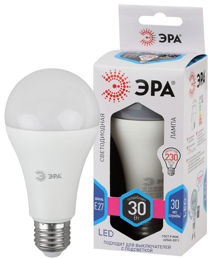 Лампа светодиодная ЭРА STD LED A65-30W-840-E27 30Вт груша нейтральный белый свет Е27 фото 1