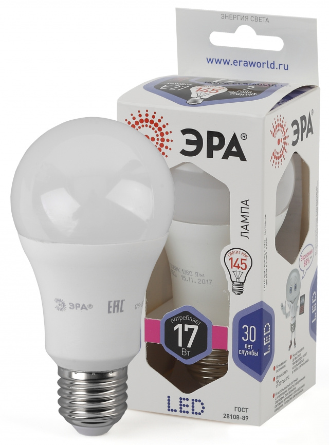 Лампа светодиодная ЭРА STD LED A60-17W-860-E27 17Вт груша холодный дневной свет Е27 фото 1