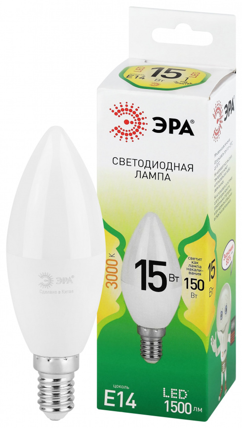 Лампа светодиодная ЭРА GREEN LINE LED B35-15W-830-E14 GL 15Вт свеча теплый свет E14 фото 1