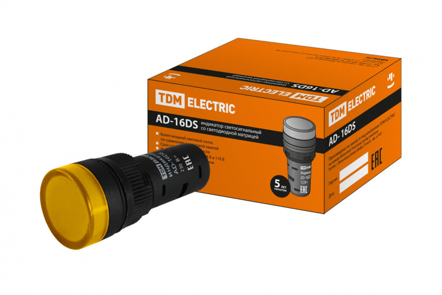 Лампа AD-16DS(LED)матрица d16мм желтый 230В АС TDM фото 1
