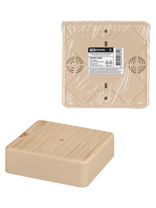 Коробка распаячная КР 100х100х29 ОП сосна IP40, инд. штрихкод TDM фото 1