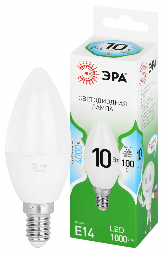 Лампа светодиодная ЭРА GREEN LINE LED B35-10W-840-E14 GL 10Вт свеча яркий белый свет E14 фото 1