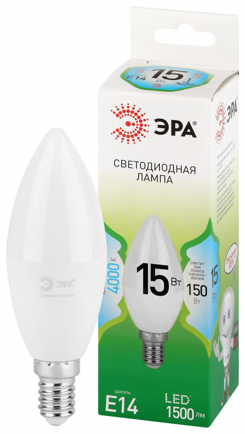 Лампа светодиодная ЭРА GREEN LINE LED B35-15W-840-E14 GL 15Вт свеча яркий белый свет E14 фото 1