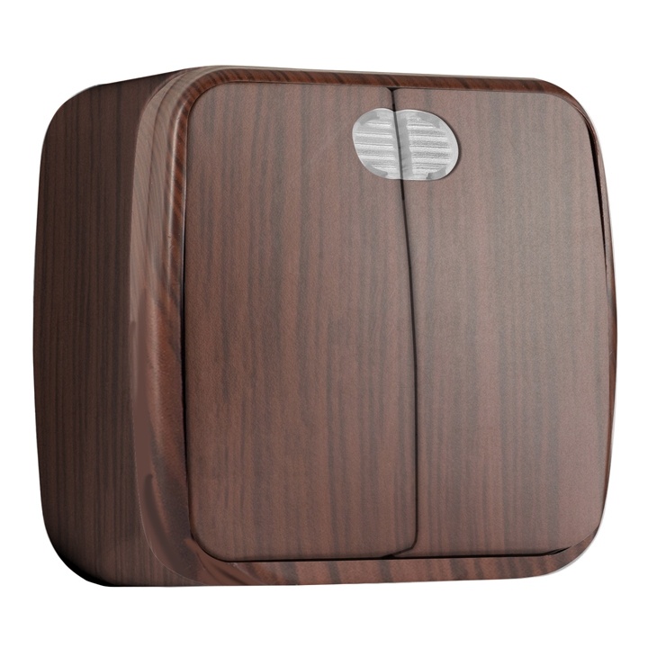 "Минск" Выключатель 2-клавишный ОП 10А с индикатором темное дерево EKF фото 1