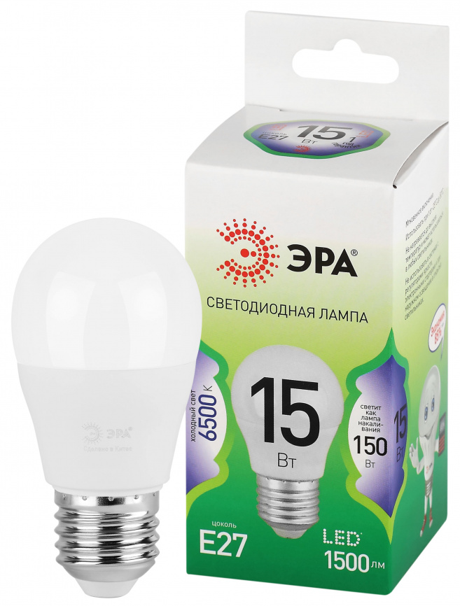 Лампа светодиодная ЭРА GREEN LINE LED P45-15W-865-E27 GL 15Вт шар холодный свет E27 фото 1