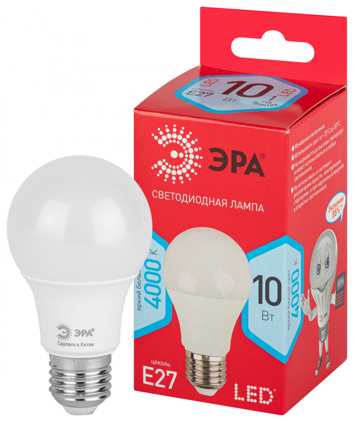Лампа светодиодная ЭРА RED LINE LED A60-10W-840-E27 R 10Вт груша нейтральный белый свет Е27 фото 1