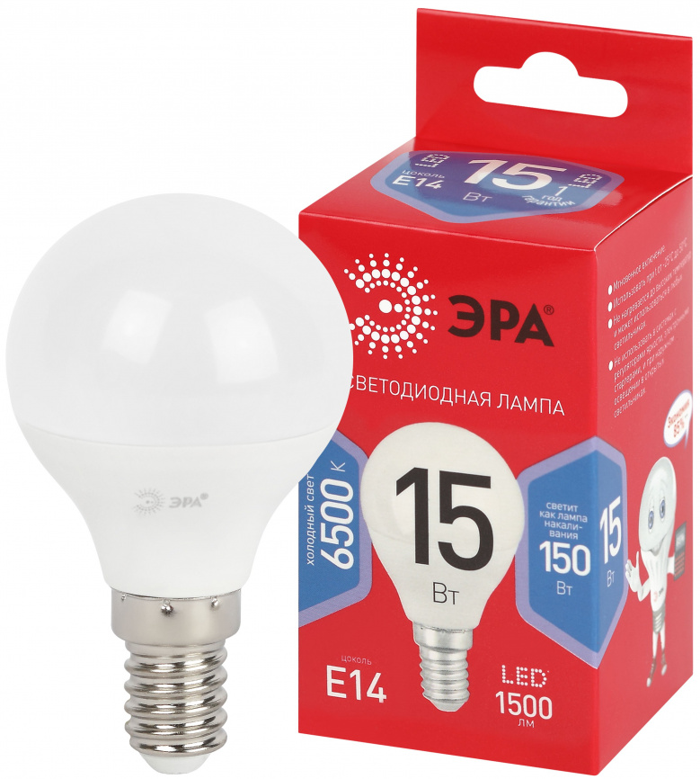 Лампа светодиодная ЭРА RED LINE LED P45-15W-865-E14 R 15Вт шар холодный дневной свет E14 фото 1