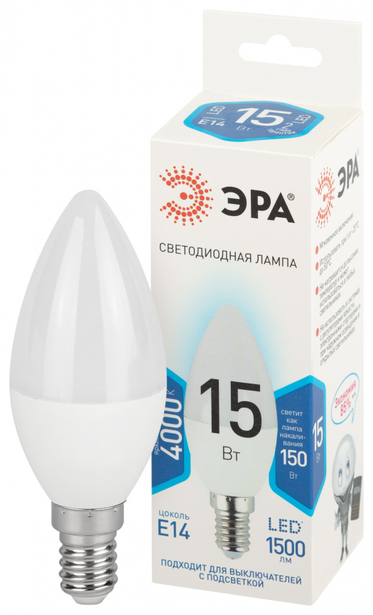 Лампа светодиодная ЭРА STD LED B35-15W-840-E14 15Вт свеча нейтральный белый свeт Е14 фото 1
