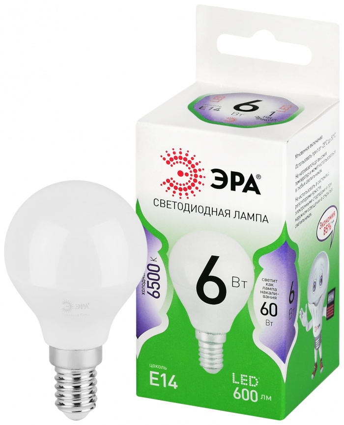 Лампа светодиодная ЭРА GREEN LINE LED P45-6W-865-E14 GL 6Вт шар холодный свет E14 фото 1