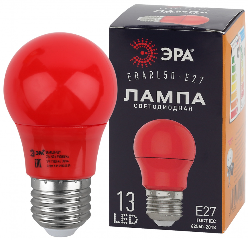 Лампа светодиодная ЭРА STD ERARL50-E27 3Вт груша красный для белт-лайт Е27 фото 1