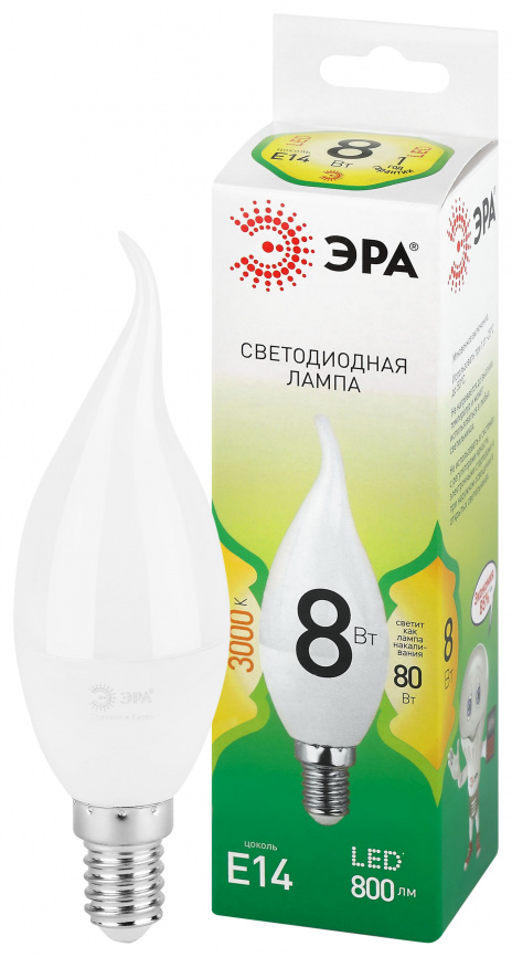 Лампа светодиодная ЭРА GREEN LINE LED BXS-8W-830-E14 GL 8Вт свеча на ветру теплый свет E14 фото 1