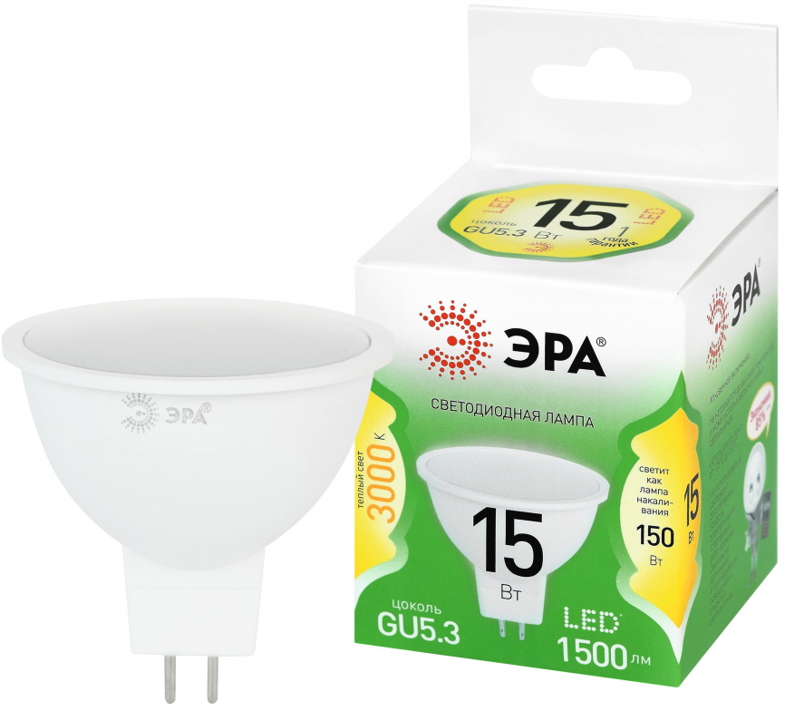 Лампа светодиодная ЭРА GREEN LINE LED MR16-15W-830-GU5.3 GL 15Вт софит теплый свет GU5.3 фото 1