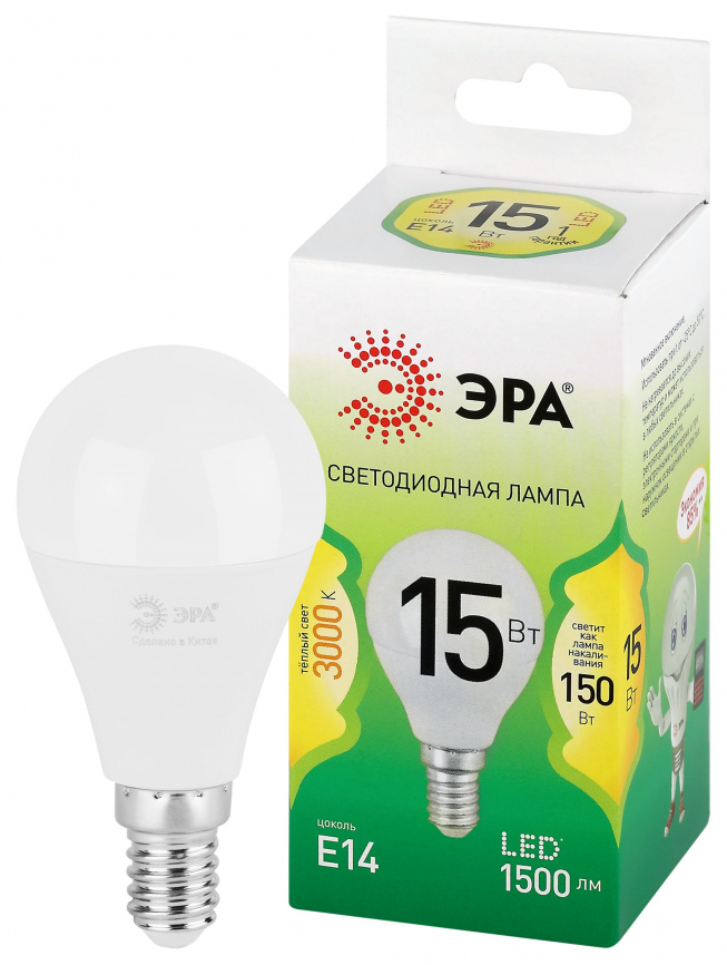 Лампа светодиодная ЭРА GREEN LINE LED P45-15W-830-E14 GL 15Вт шар теплый свет E14 фото 1