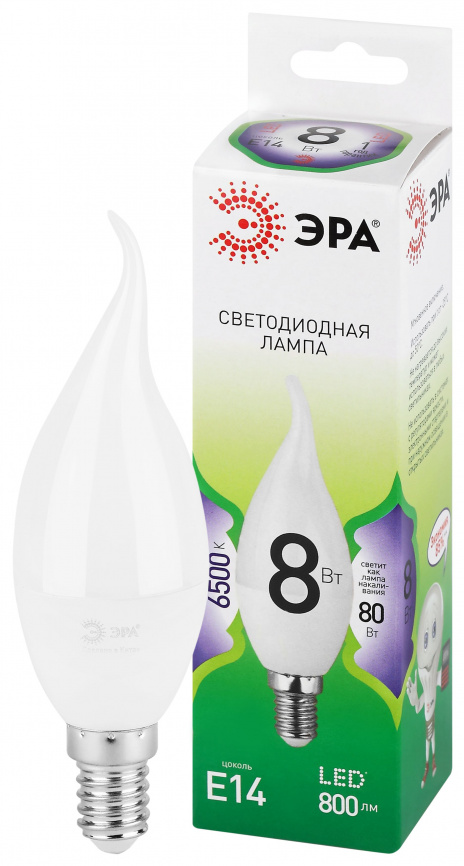 Лампа светодиодная ЭРА GREEN LINE LED BXS-8W-865-E14 GL 8Вт свеча на ветру холодный свет E14 фото 1
