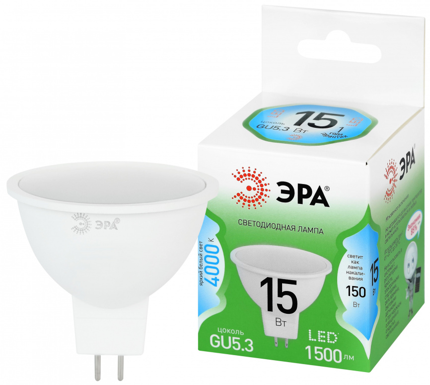 Лампа светодиодная ЭРА GREEN LINE LED MR16-15W-840-GU5.3 GL 15Вт софит яркий белый свет GU5.3 фото 1